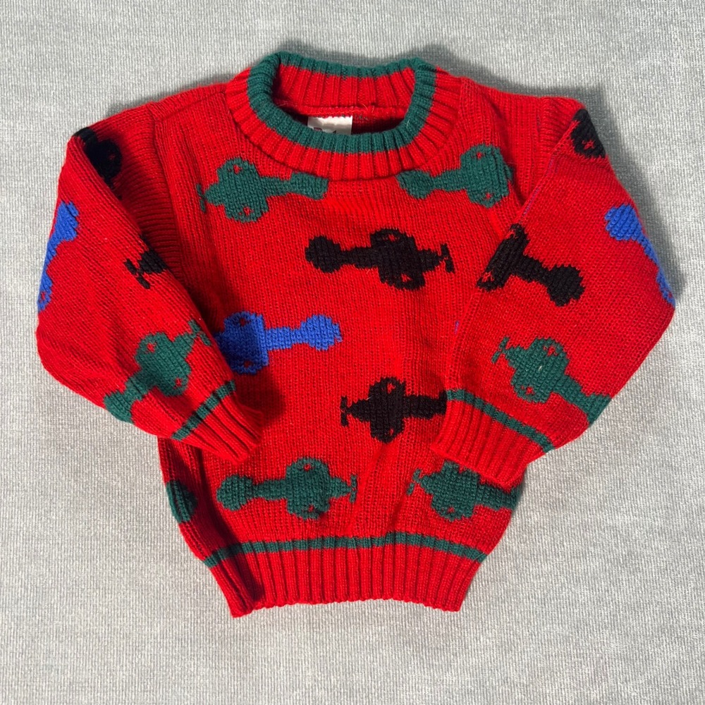 VTG Park Bench Kids Vintage Red Airplane Knit‎ Sweater Toddler Size 2T Made USA